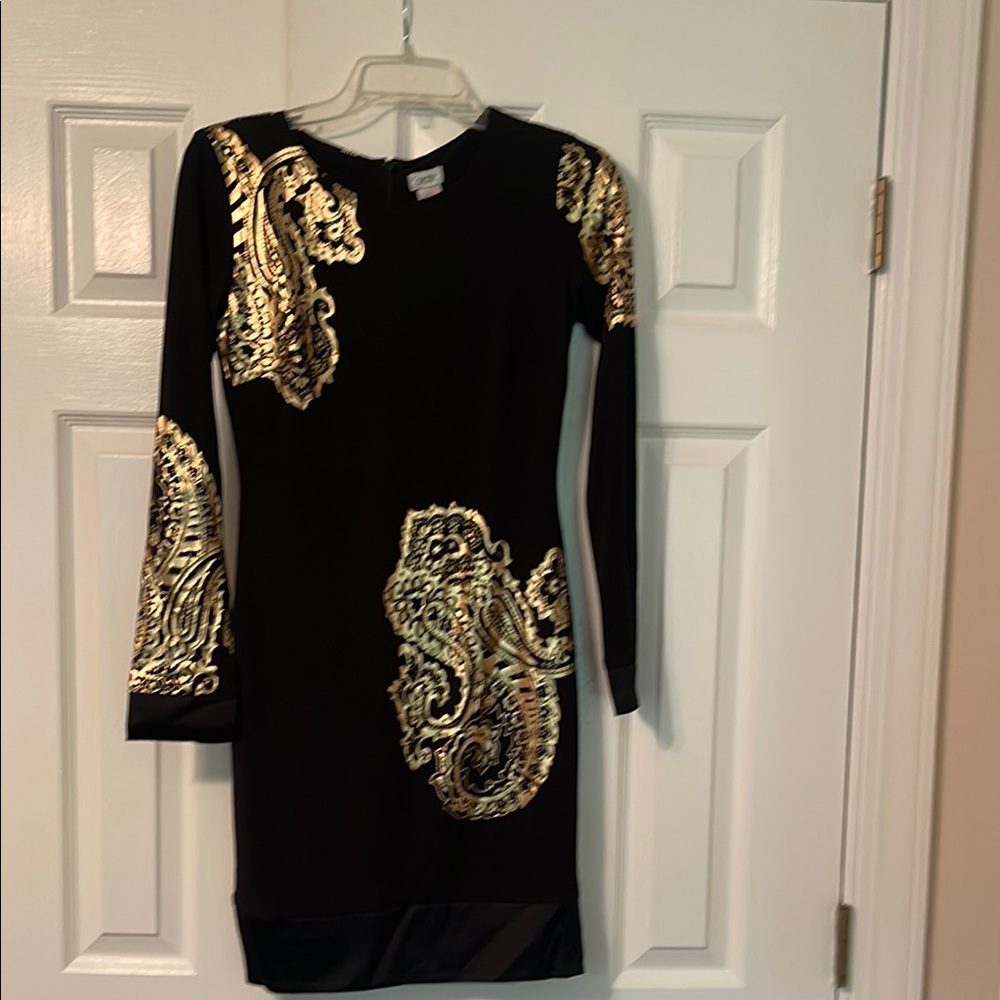 Cache Black and Gold Bodycon Dress with Cuffed Long Sleeves